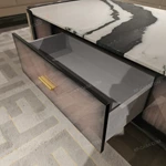 Rectangular Coffee Table with Marble-Effect Top and Natural Wood Veneer Detailing